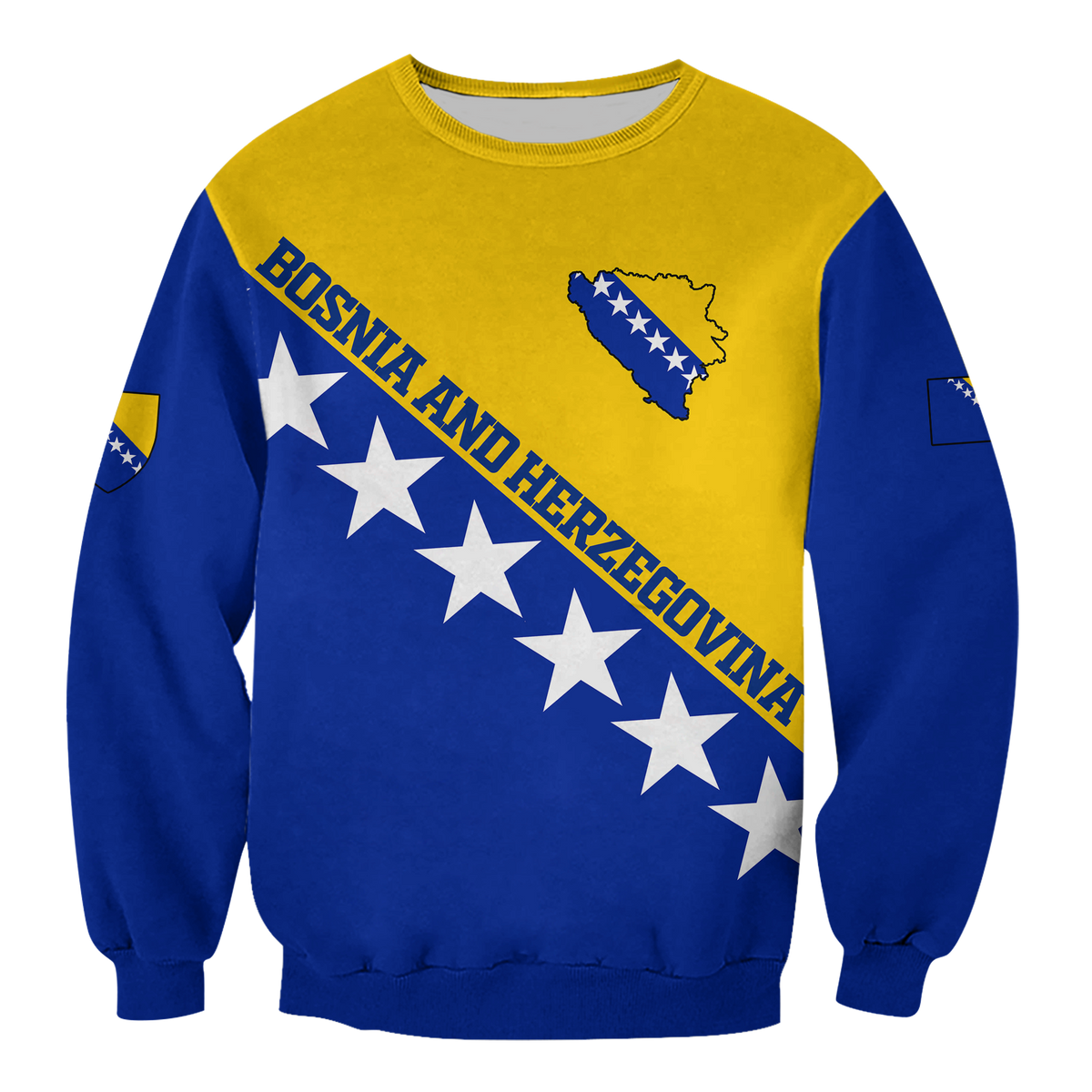 Multicolor Bosnia Pride sweatshirt with front diagonal stars and map graphic