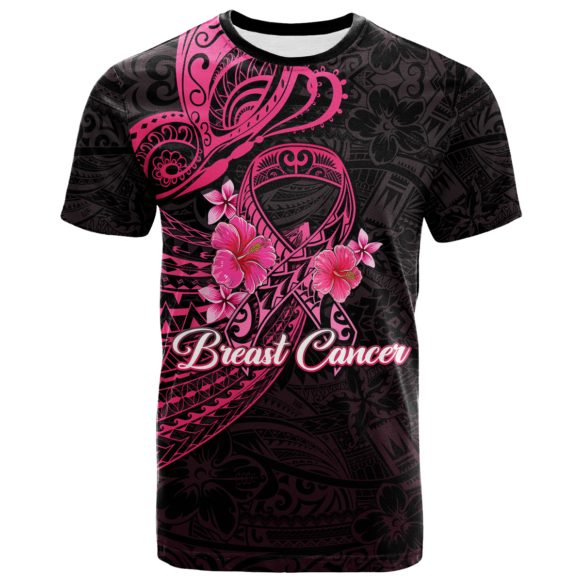 Black T-shirt with pink Polynesian butterfly, flowers, and Breast Cancer ribbon graphic