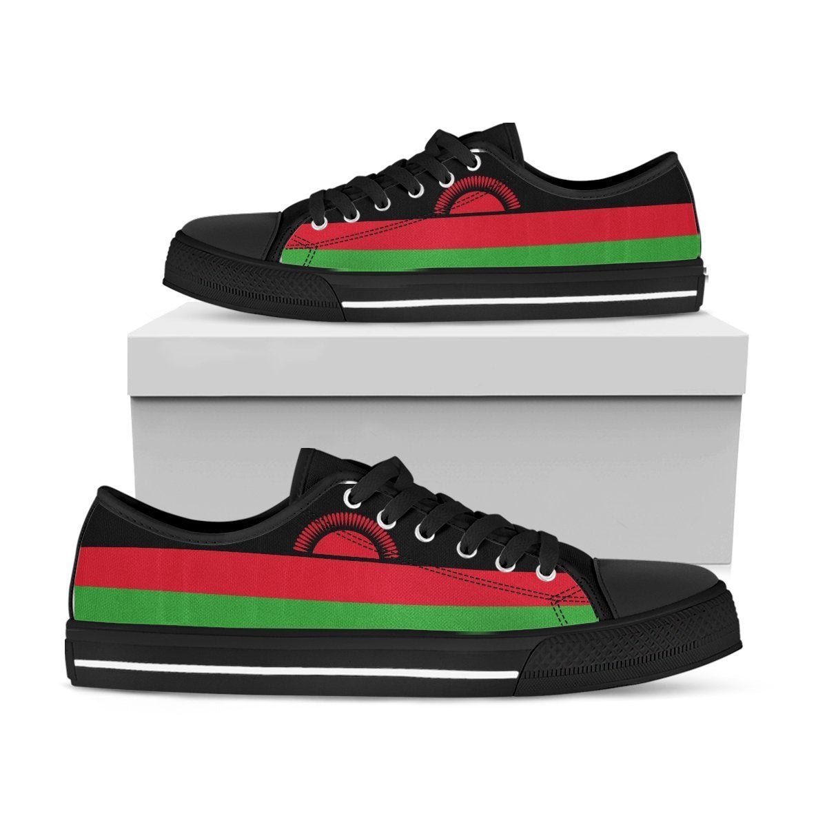 Low-top sneakers with Malawi flag stripe design, black upper, red and green band