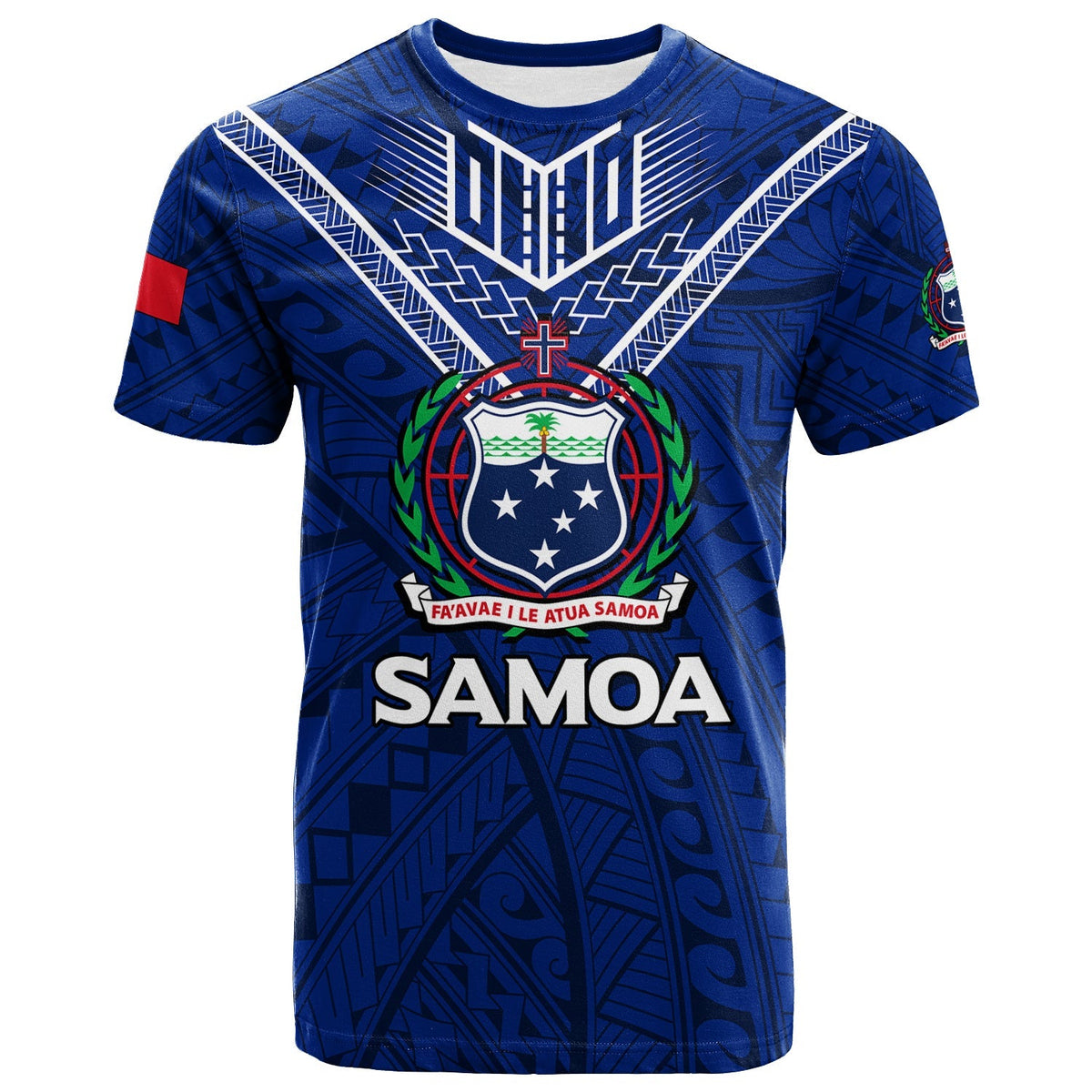 Samoa blue graphic T-shirt with crest, 'SAMOA' text, and geometric tribal print