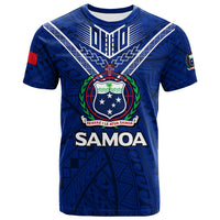 Samoa blue graphic T-shirt with crest, 'SAMOA' text, and geometric tribal print