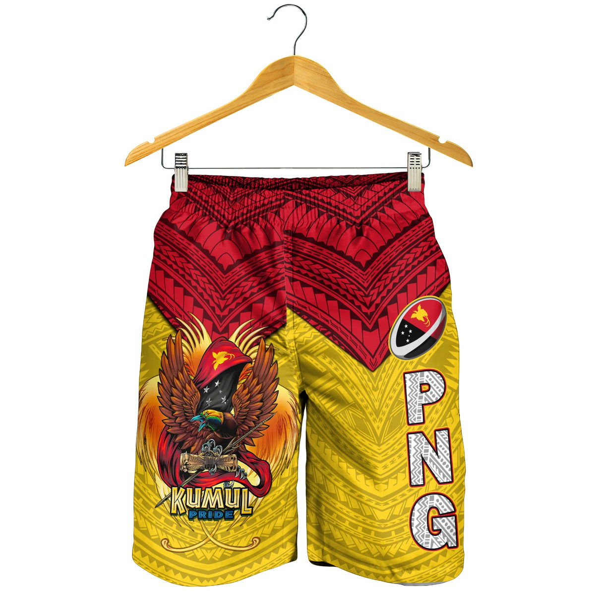 Men's rugby shorts on hanger, red and yellow tribal pattern with side lettering