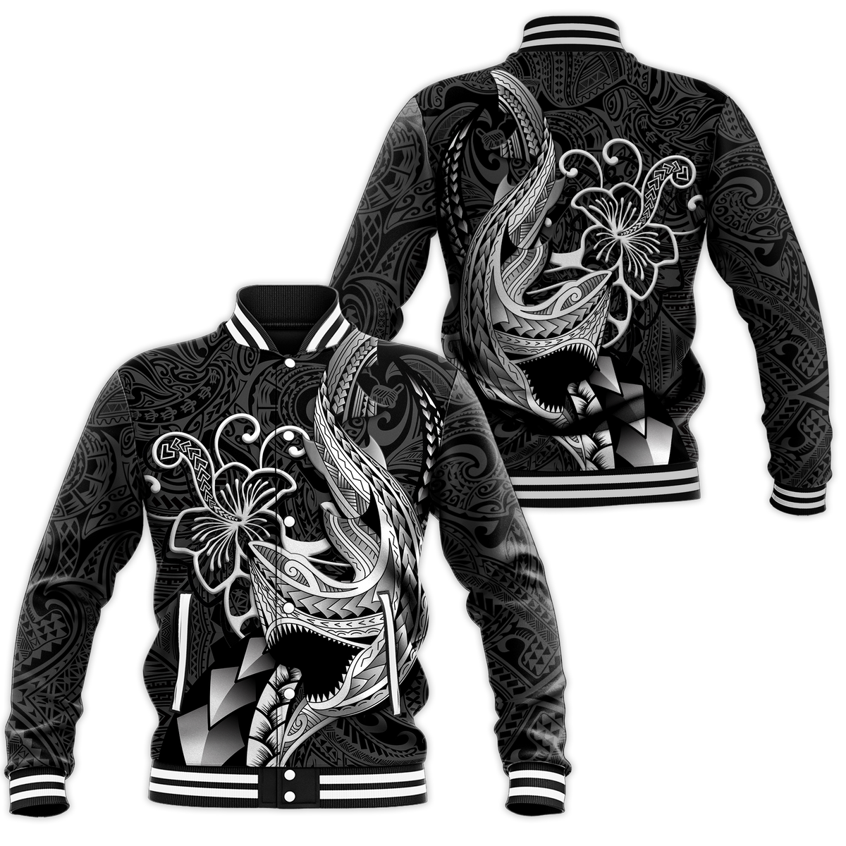 Black baseball jacket with Polynesian shark tribal print, hibiscus accents