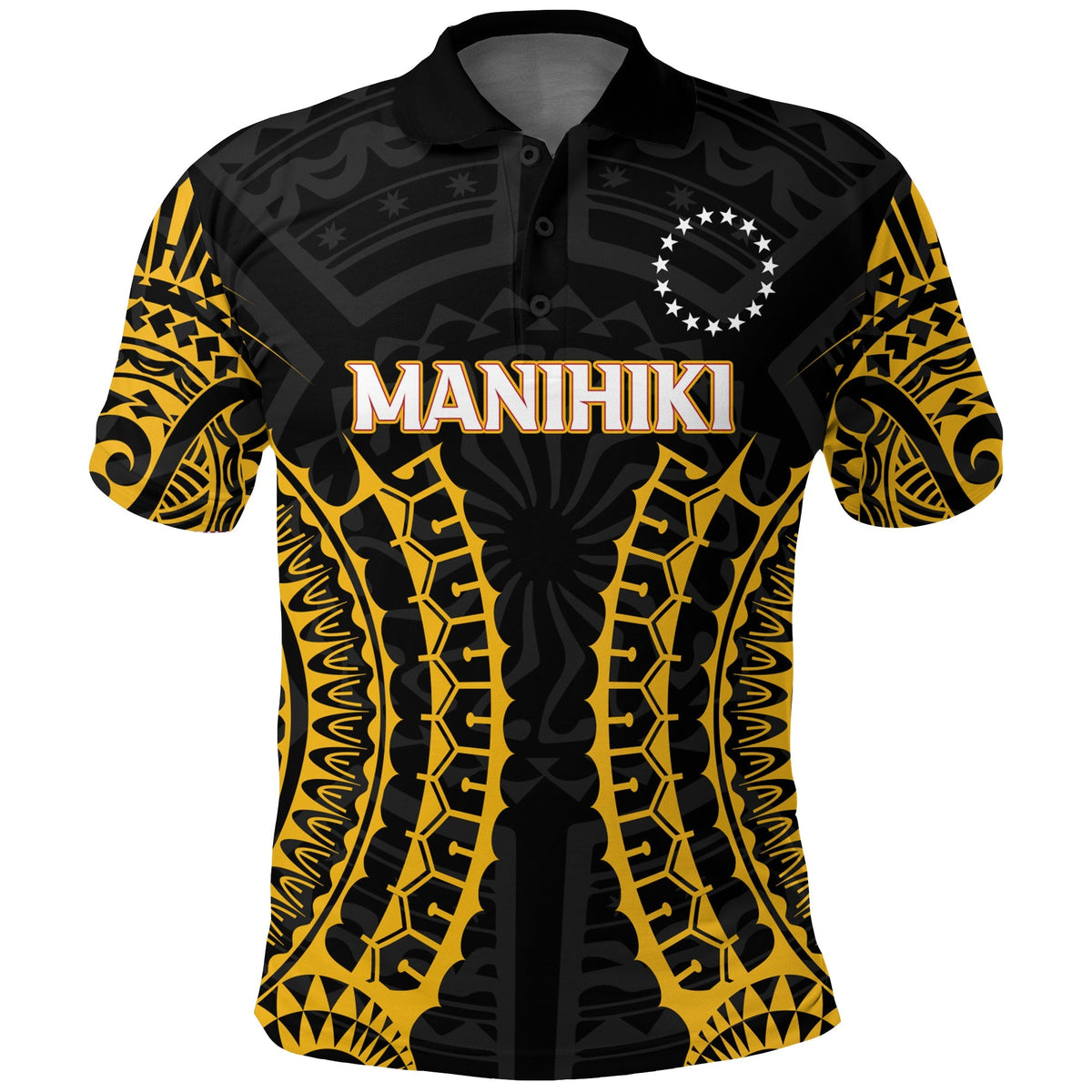 Black polo shirt with MANIHIKI tribal print, yellow sleeves and star emblem