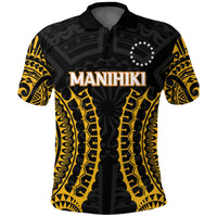 Black polo shirt with MANIHIKI tribal print, yellow sleeves and star emblem