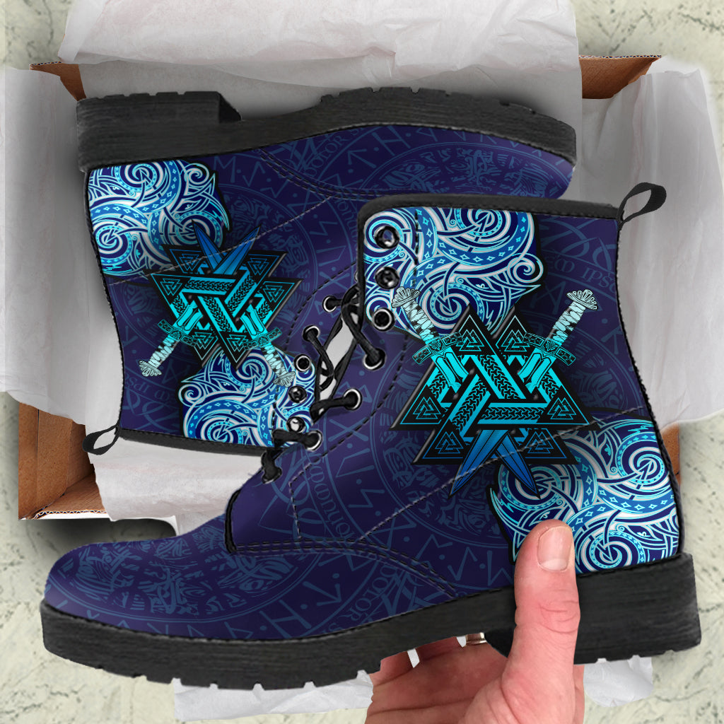 Valknut tattoo leather boots in dark blue with teal multicolor pattern, lace-up
