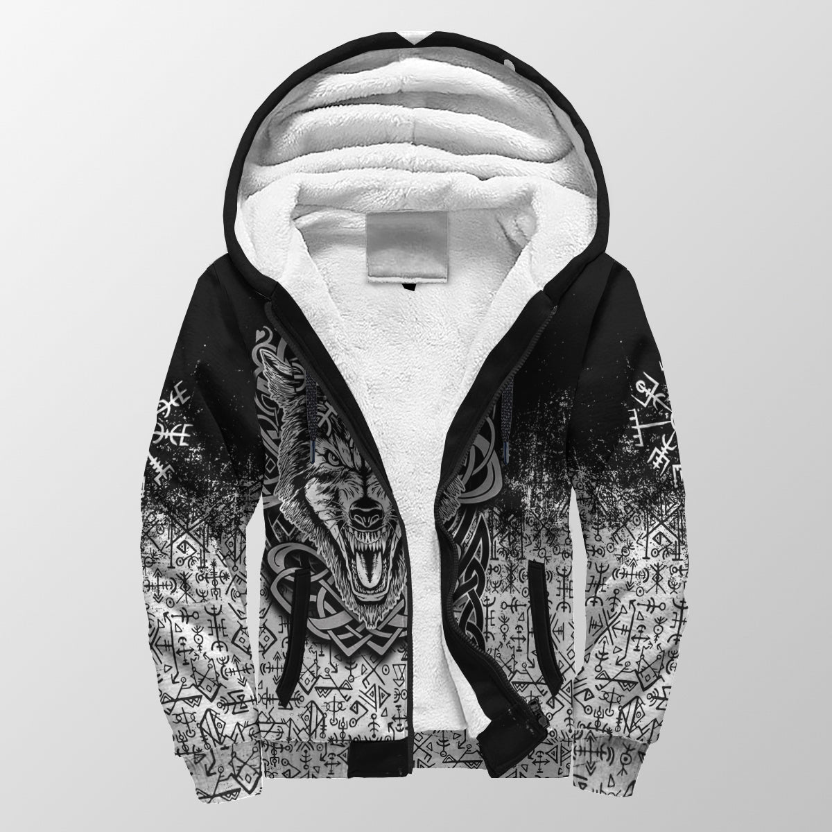 Black sherpa hoodie with wolf & Vegvisir front print, white-pattern sleeves, sherpa-lined hood