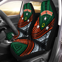 Green tribal car seat covers, black base, 'YOUR TEXT' on headrests