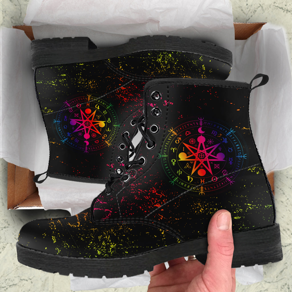 Black leather lace-up combat boots with colorful splatter and pentagram graphics, side view