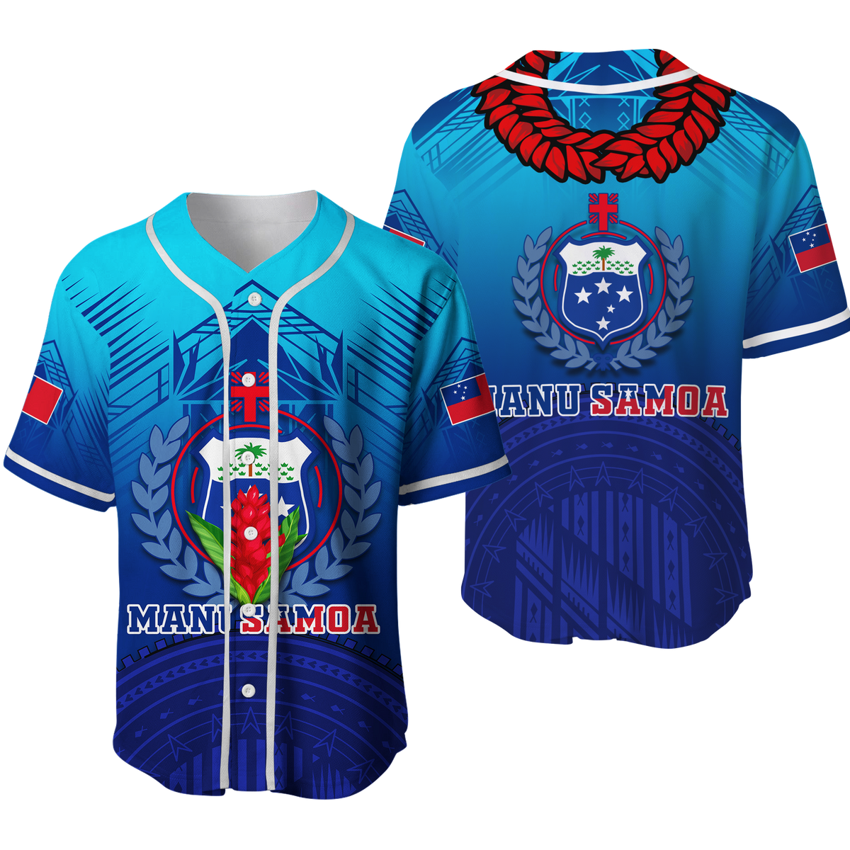 Blue baseball jersey with white trim, button front, Manu Samoa crest and eagle graphic