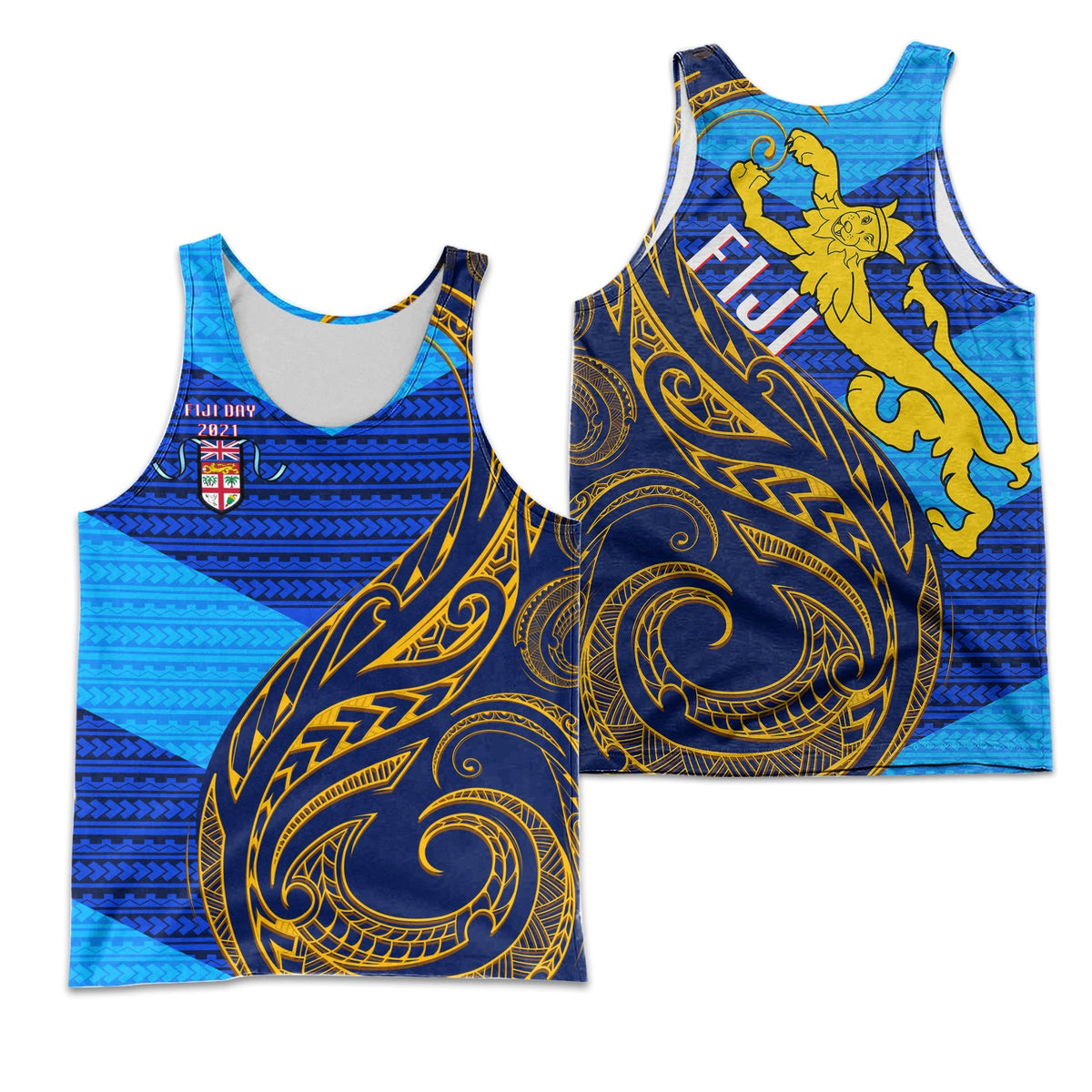 Men's blue tank top with gold Polynesian pattern and Fiji flag graphic, sleeveless.