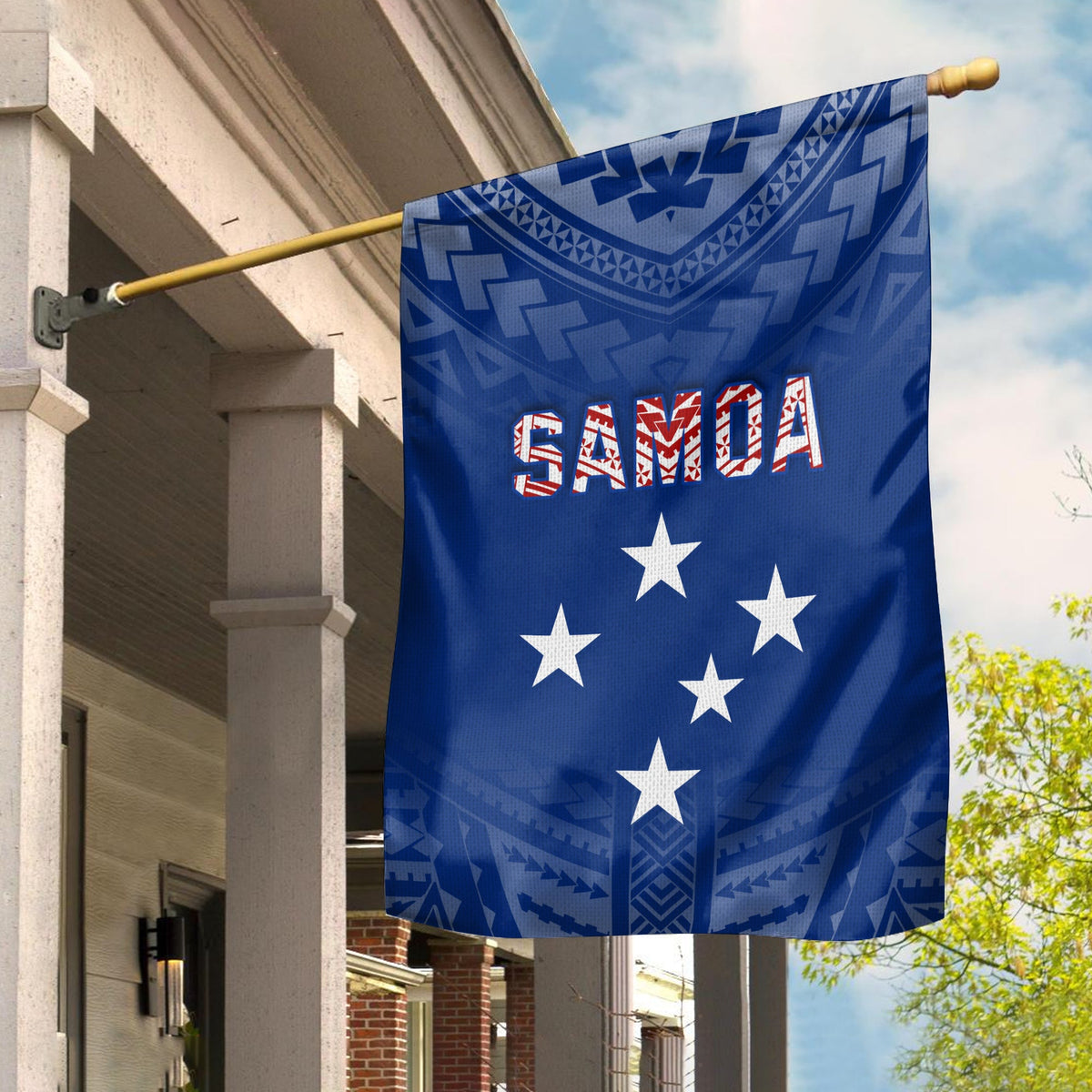 Samoa flag in blue with white stars and geometric Polynesian border