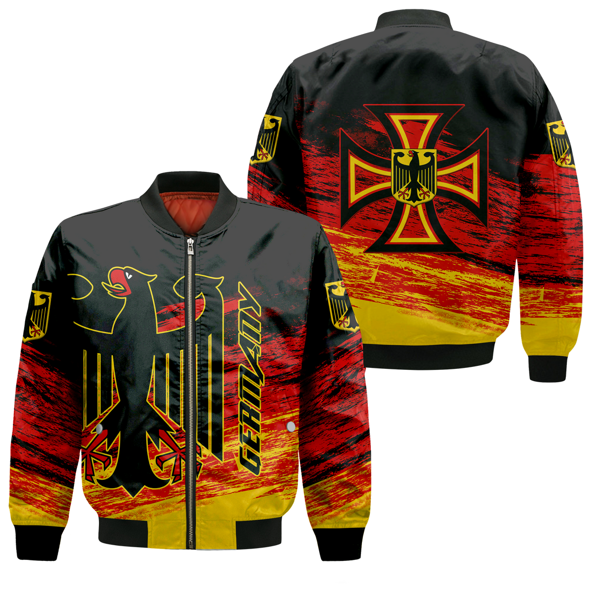 Unisex red/black/gold bomber jacket with Iron Cross and eagle graphic, full front view