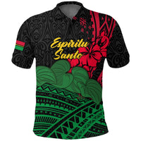 Black Vanuatu polo shirt with Spiritu Santo text, red hibiscus and green leaf graphic