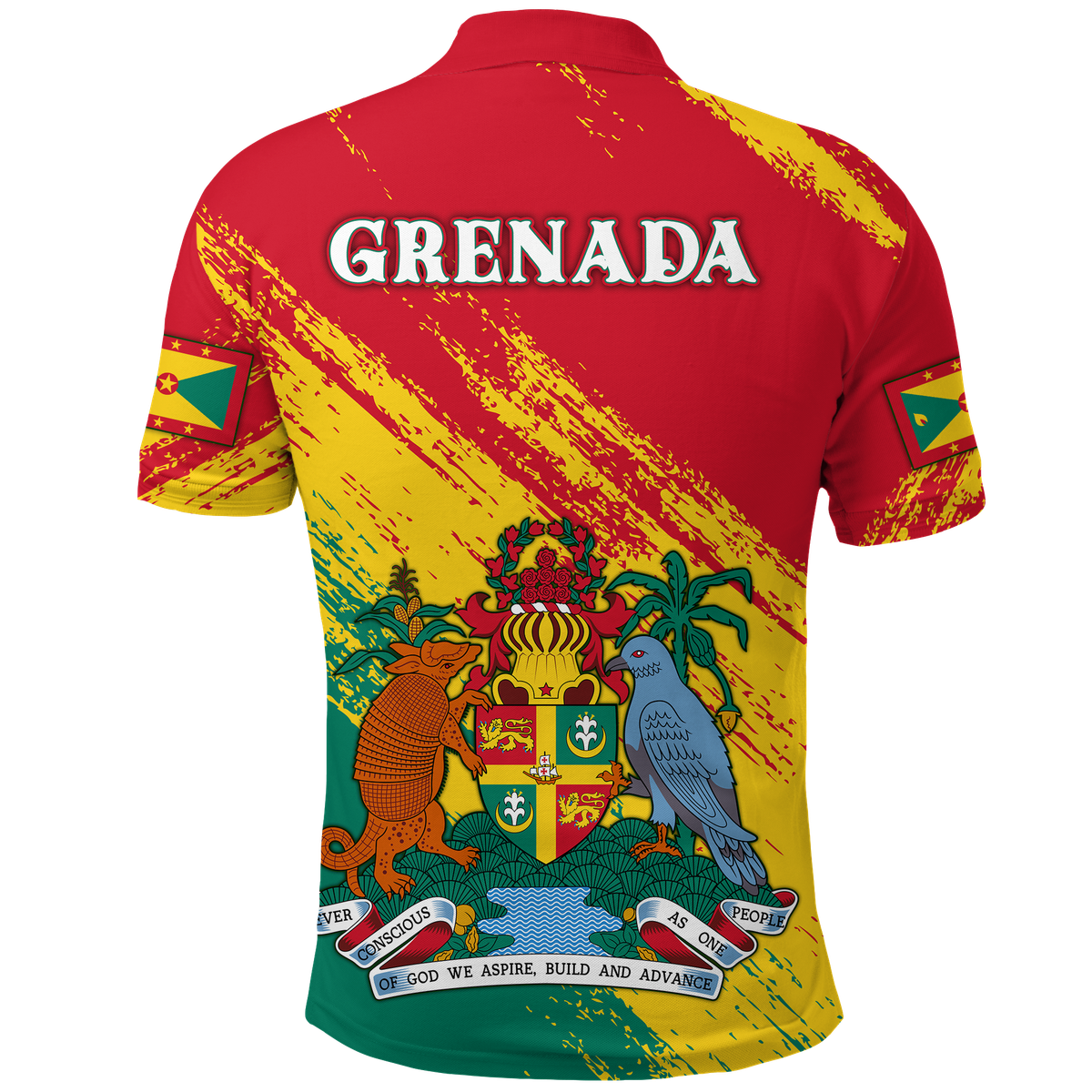 Red happy polo shirt back with large name text, coat-of-arms crest, and bird