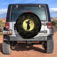 Black circular spare tire cover: moonlit cat with starry Celtic pattern