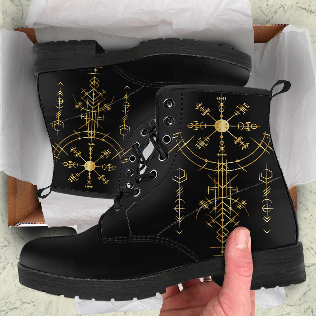 Black lace-up sherpa boots with gold Viking rune print and thick tread sole
