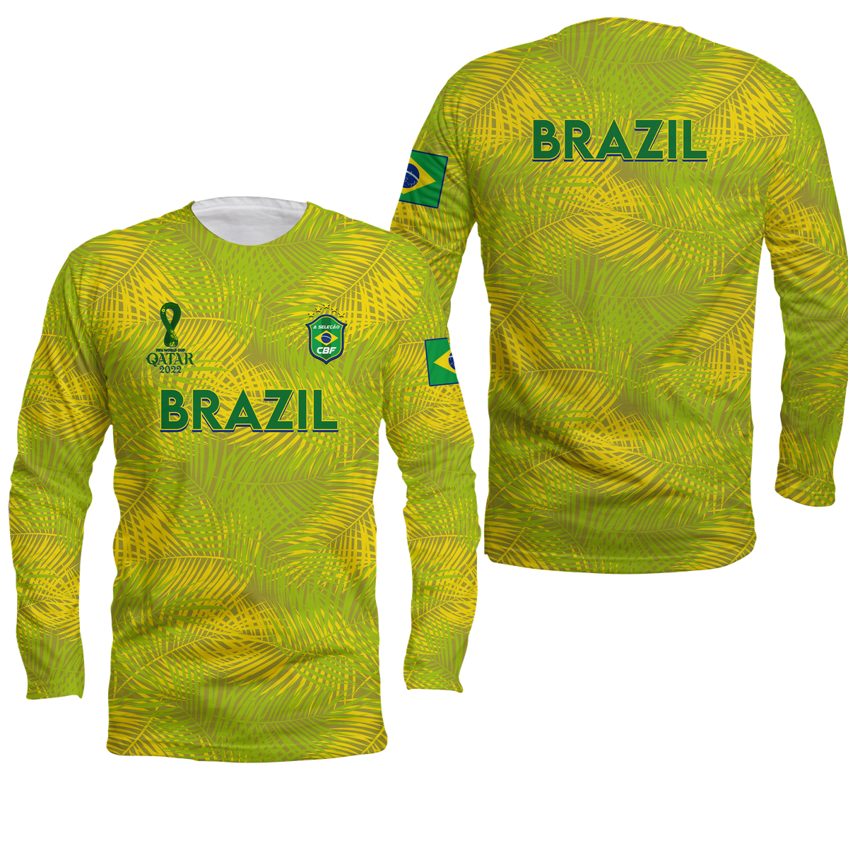 Brazil long sleeve football shirt, yellow with green palm pattern and BRASIL logo