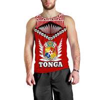 Red Tonga tank top front view with crest, wings, and large TONGA lettering