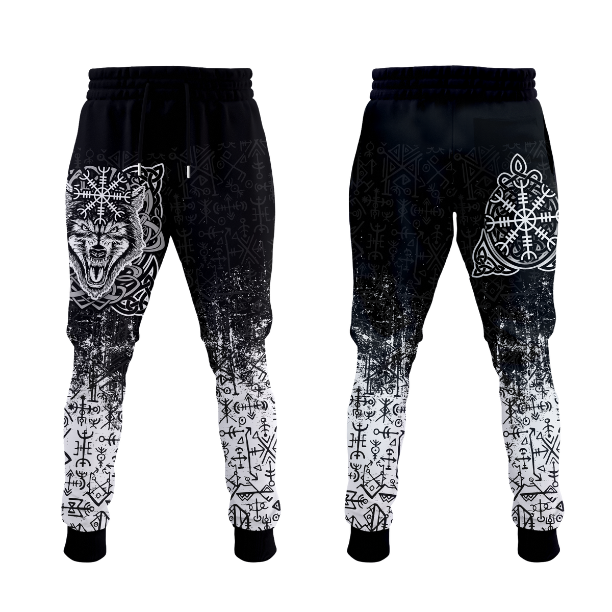 Viking wolf and Vegvisir graphic jogger pants, black with white multicolor artwork, full length