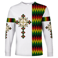 White long-sleeve shirt with Ethiopian cross graphic and red green yellow pattern panels