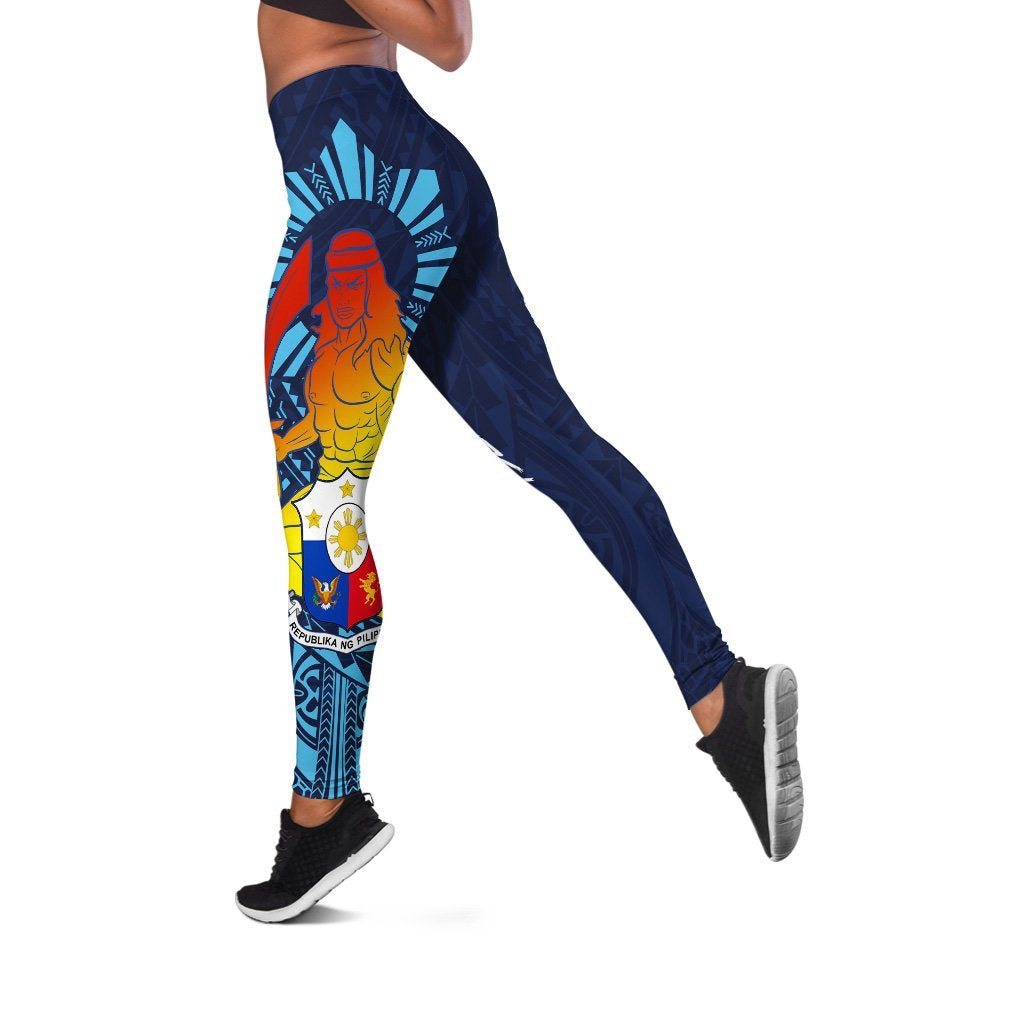 Blue printed leggings with King Lapu Lapu figure and geometric patterns, full length