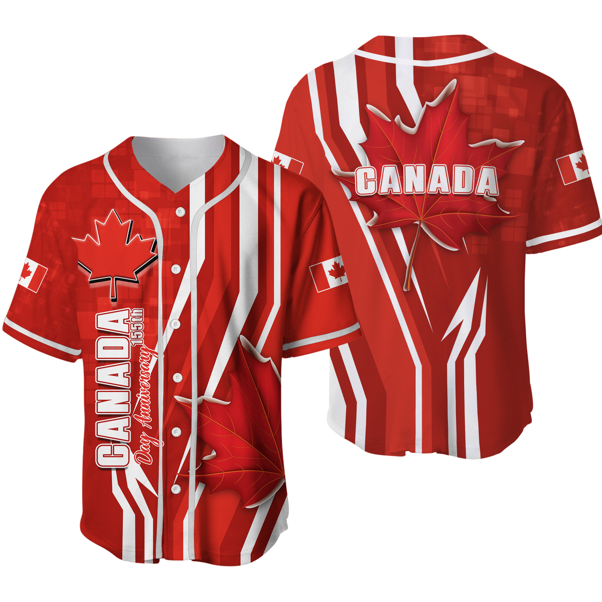 Red Canada Day Pride baseball jersey with leaf emblem and bold 'CANADA' text