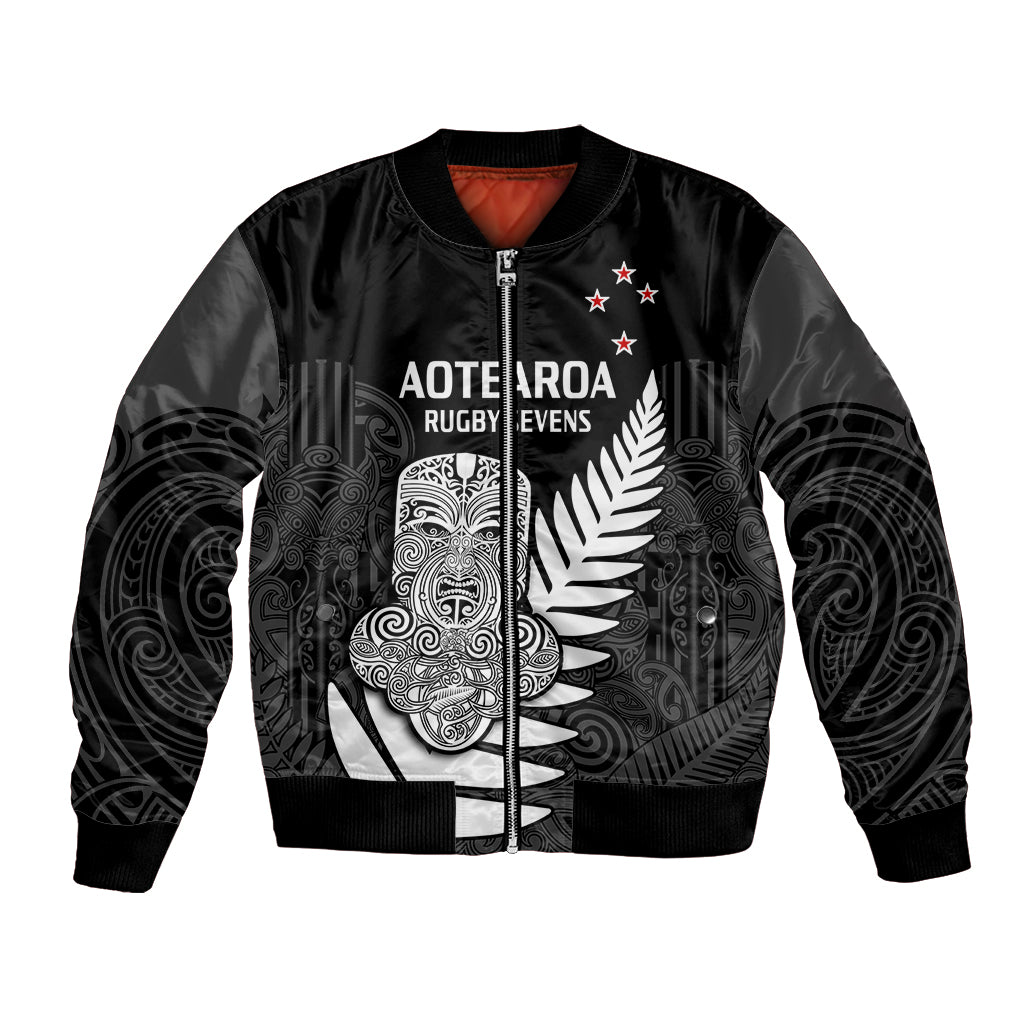 (Custom Text And Number) Aotearoa Rugby Sevens All Black Tiki Fern Bomber Jacket - Wonder Print Shop