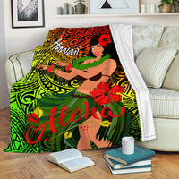Aloha Hawaiian hula girl blanket draped on couch with white edge, green-red tropical design