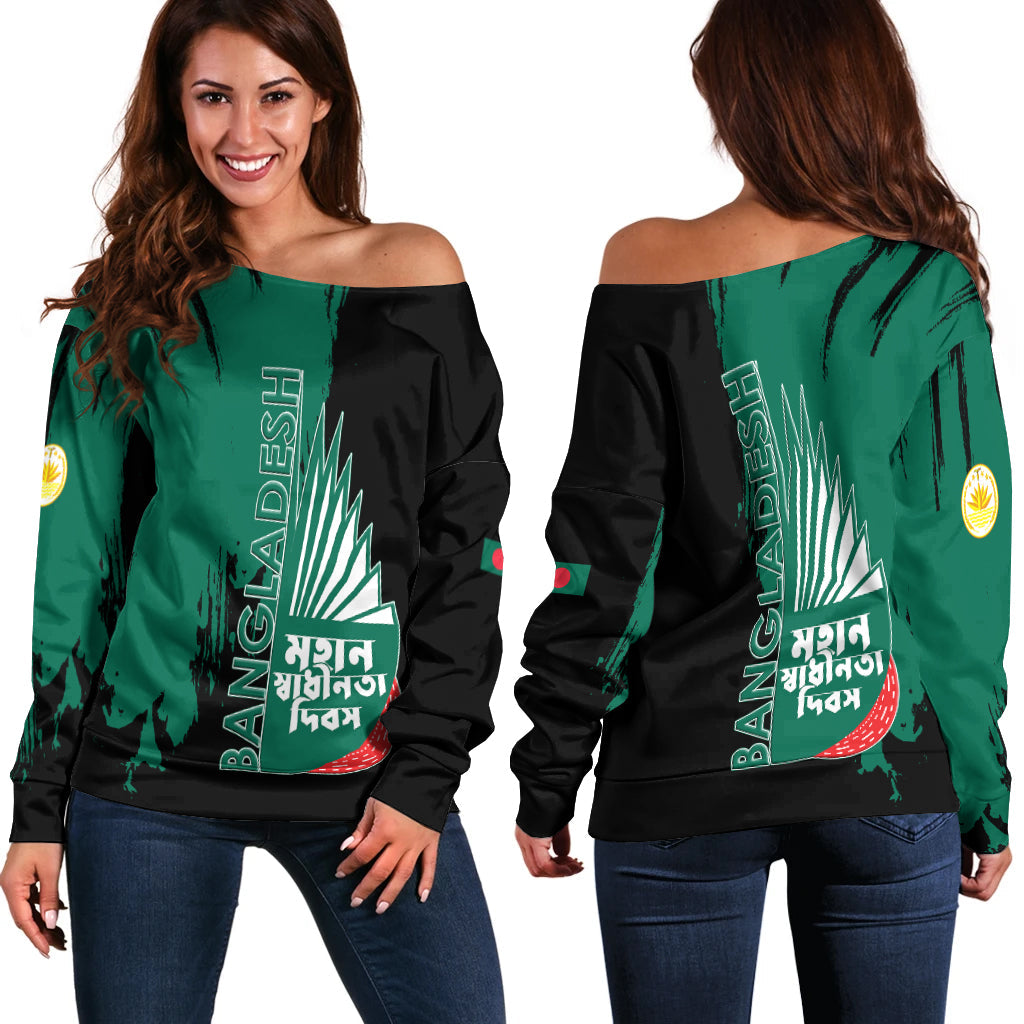 Women off-shoulder sweater, green/black with 'Bangladesh' graphic, long sleeves