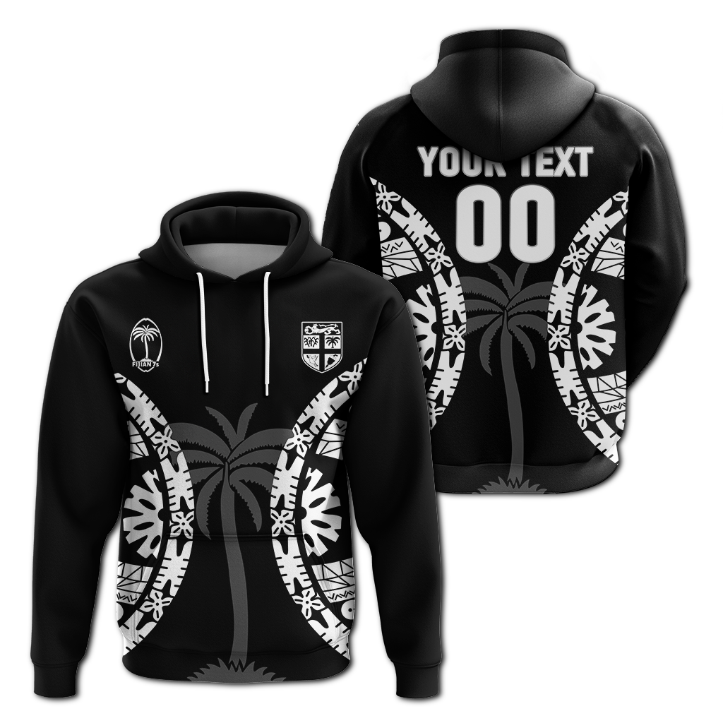 Black pullover hoodie with white tapa-style pattern and crest logo on chest