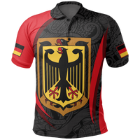 Red/black polo shirt with yellow Germany crest and bird icon, short sleeves