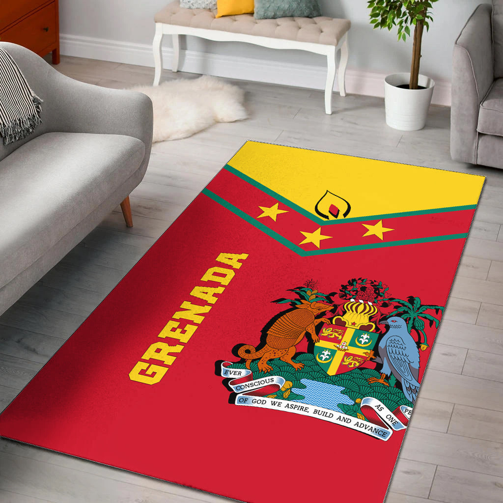Red Grenada area rug with yellow border, coat of arms and “GRENADA” text