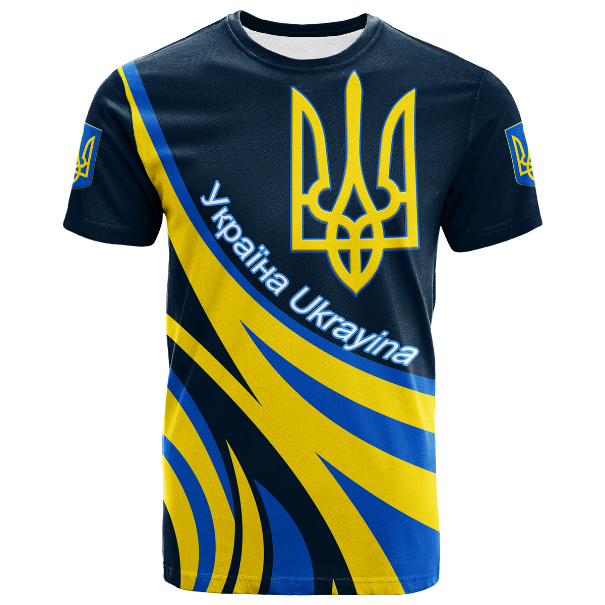 Ukraine trident T-shirt, blue with yellow trident and diagonal stripes