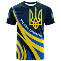 Ukraine trident T-shirt, blue with yellow trident and diagonal stripes