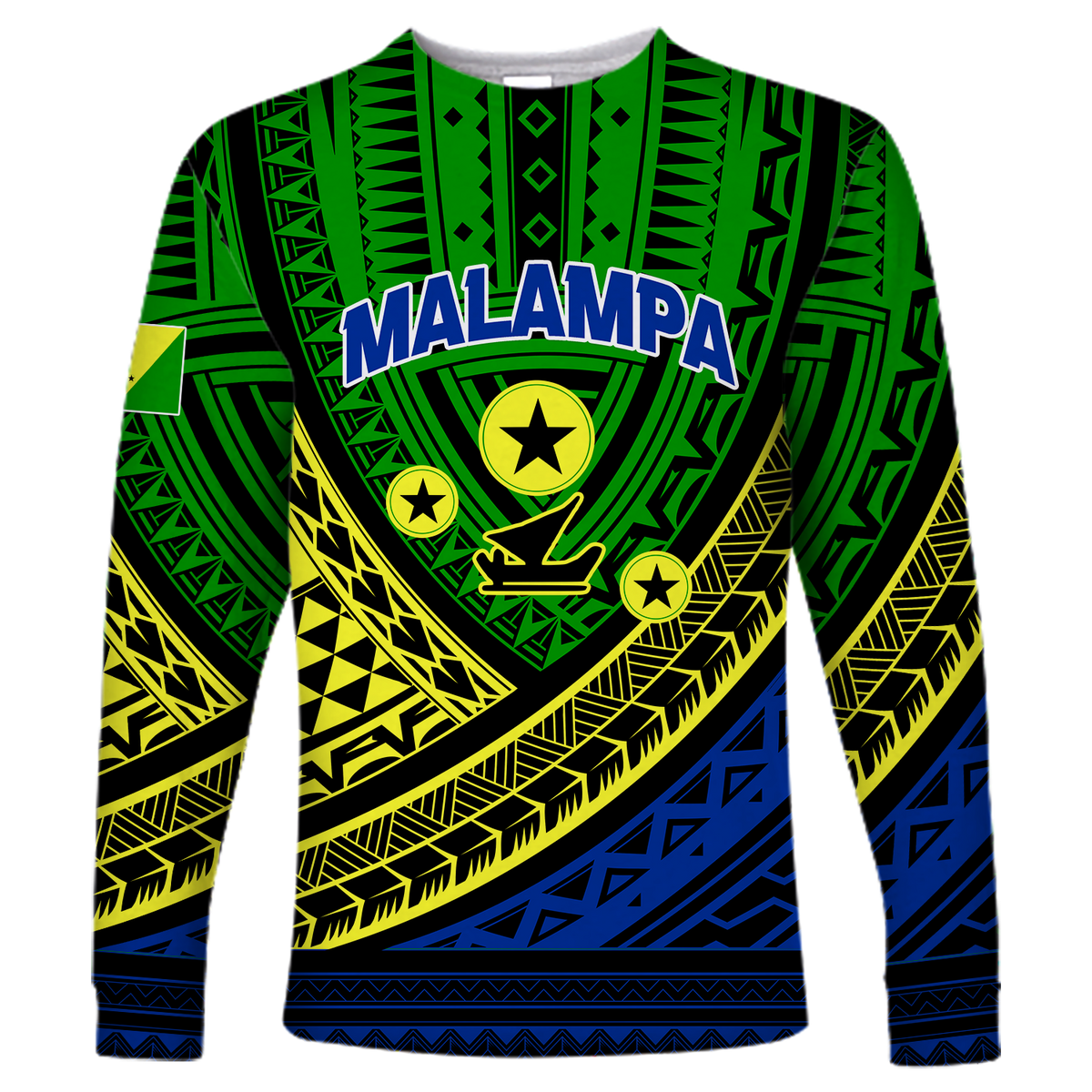 Green long-sleeve tribal shirt with MALAMPA text, stars, and geometric pattern
