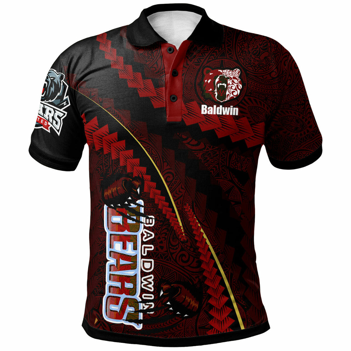Red and black custom polynesian polo shirt with Baldwin logo and tribal patterns