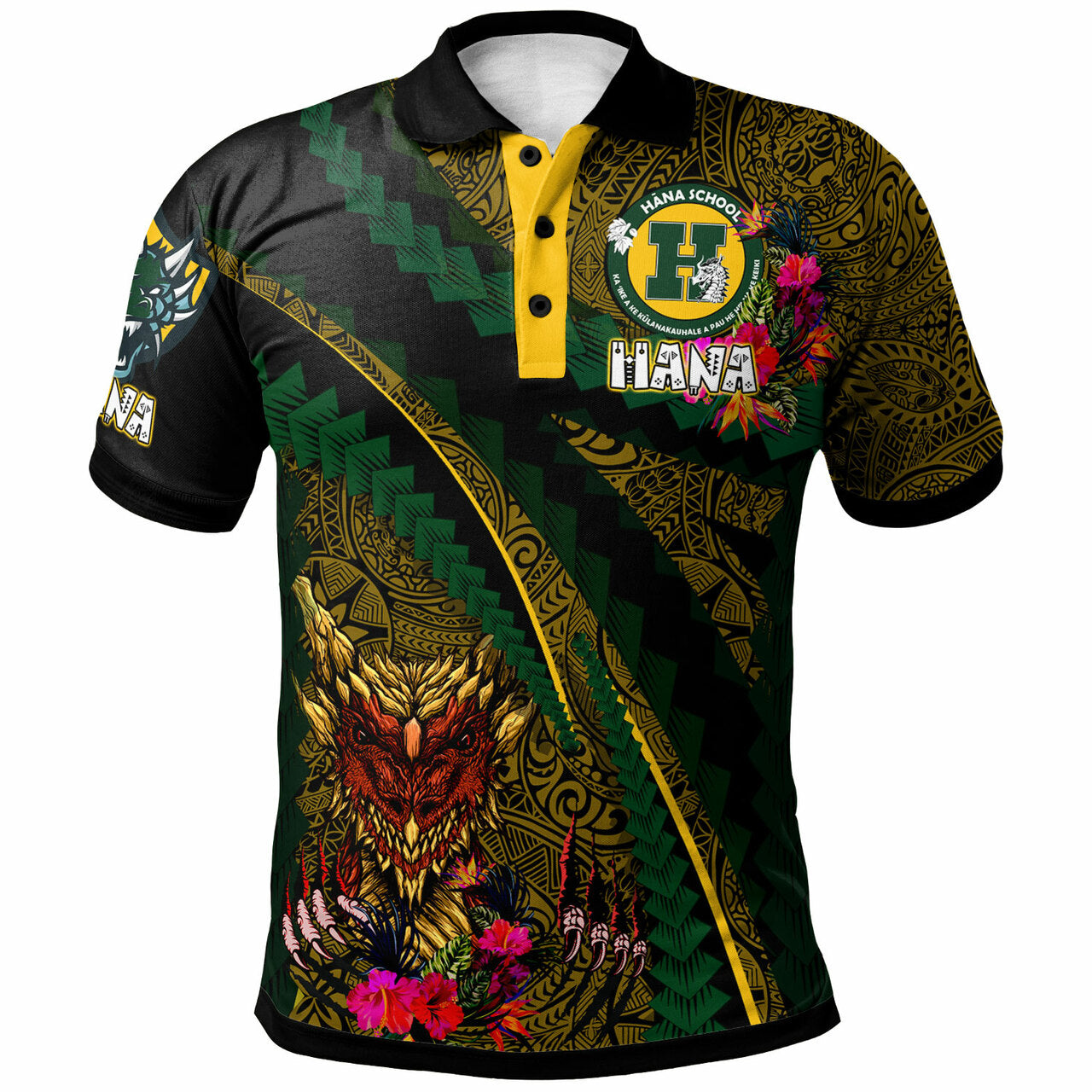 Hawaii Hana High and Elementary School Custom Polynesian Polo Shirt Hana Dragons With Tropical Flowers Tribal Pattern Scratch Style LT10 - Wonder Print Shop