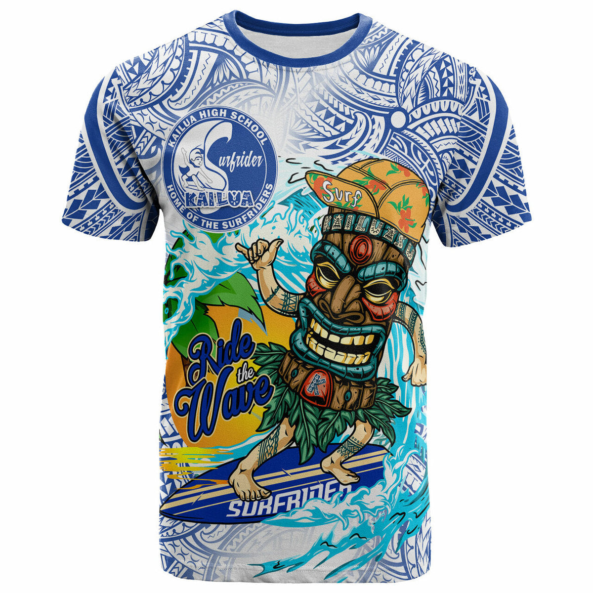 Blue crewneck T-shirt with tribal pattern and tiki surfboard graphic, waves and leaves