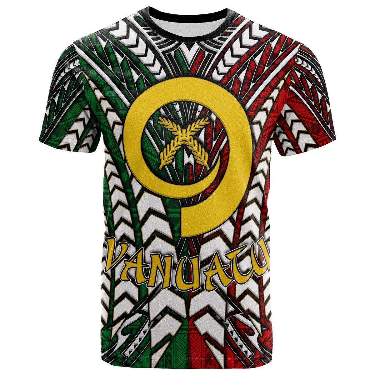 Green Vanuatu T-shirt with Polynesian pattern, large yellow '9' emblem and Vanuatu text