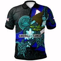 Polo-Shirt mit Adler und polynesischen Mustern, blau-schwarz, American Samoa Schriftzug