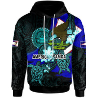 Pullover hoodie: black hood, teal patterns, bald eagle, “AMERICAN SAMOA” print