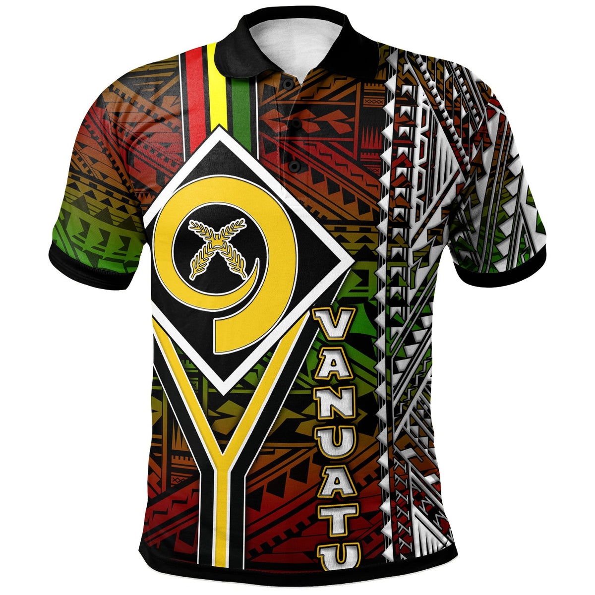Green polo shirt with Vanuatu crest and Polynesian tribal patterns, black collar trim