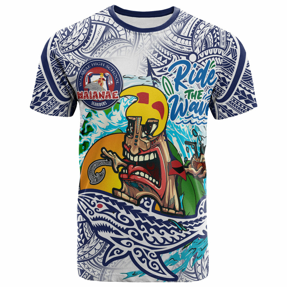 Blue/white Hawaiian T-shirt with tiki warrior, shark and wave graphic