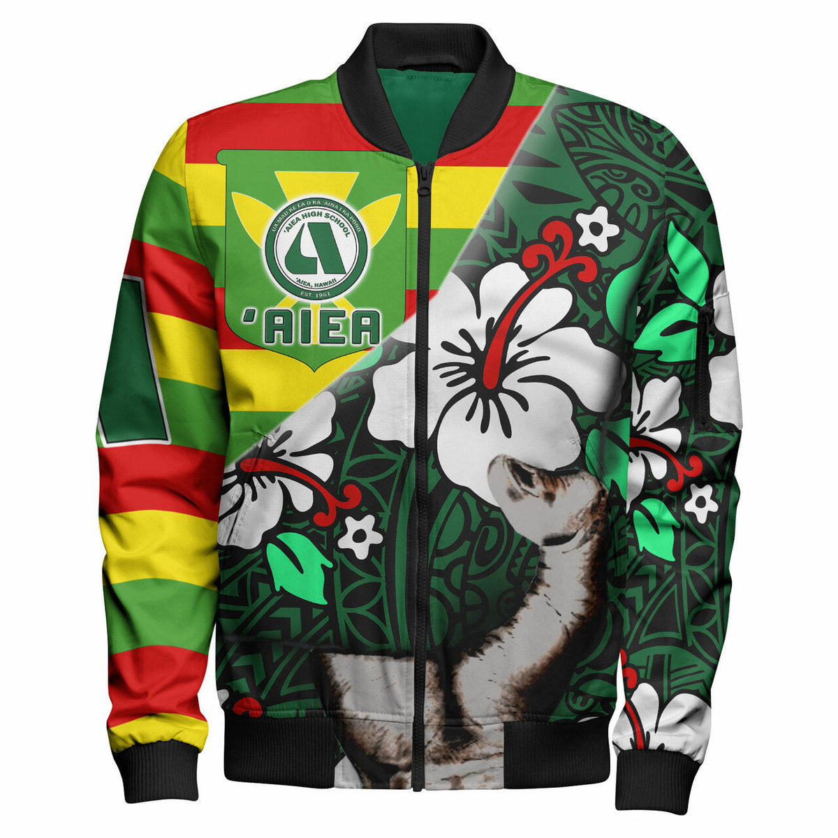 Green unisex bomber jacket with black ribbed collar, front zipper, floral school crest graphic