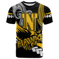 Black T-shirt with yellow Nanakuli tribal graphic and large letter N on front