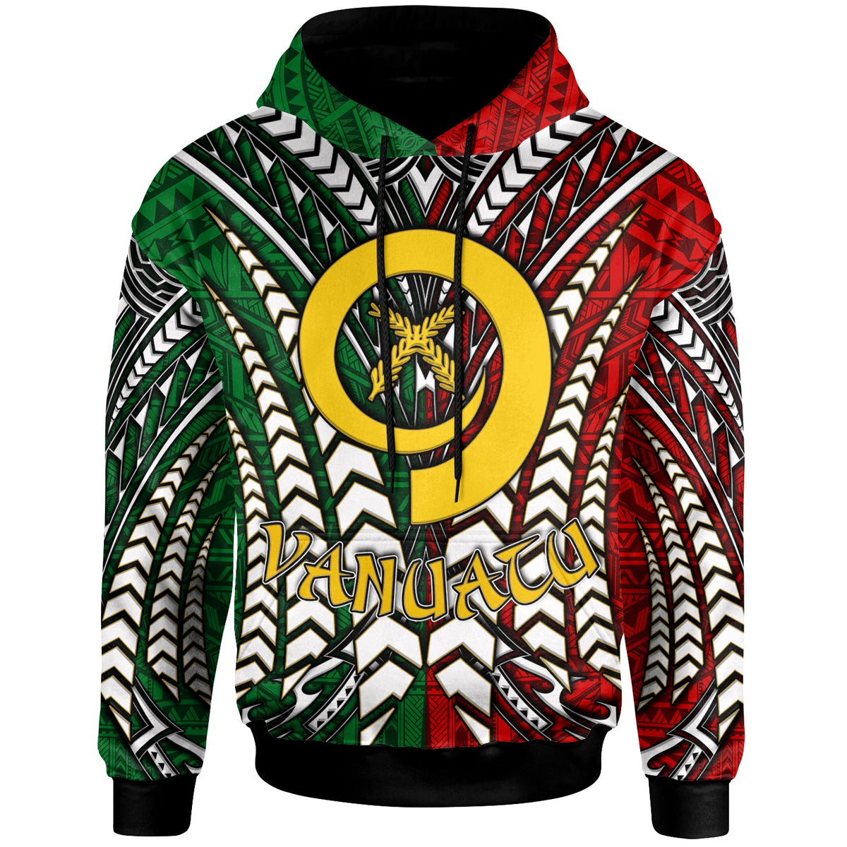 Green pullover hoodie with Polynesian patterns and large Vanuatu emblem on chest