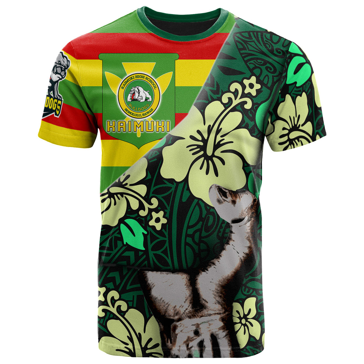 Polynesian patronage T-shirt with bulldog DOGS graphic and hibiscus on green, yellow, red