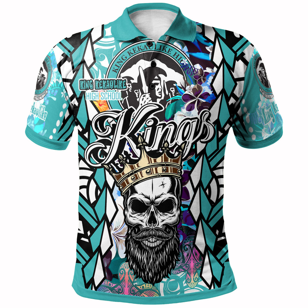 Teal polo shirt with tribal skull graphic, purple flower, black geometric sleeves