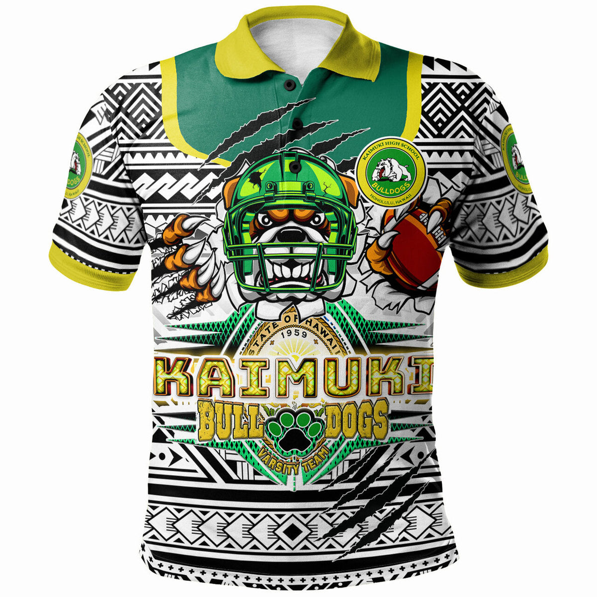 Custom Polynesian polo: green front mascot graphic, tribal black/white sleeves, yellow collar